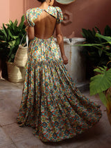 Beautiful Puff Sleeve Floral Print Cutout Open Back Pleated Maxi Dress