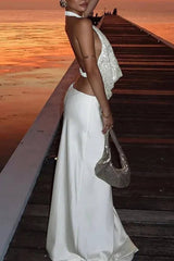 Exquisite Deep V-neck Patterned Backless Camisole Top And Satin Skirt Set