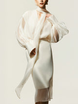 Elegant Sheer Scarf Blouse & Layered Midi Skirt Set