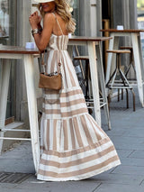 Summer Striped Print Patchwork Ruched Backless Maxi Dress