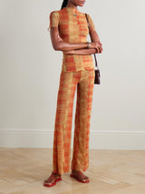 Unique Plaid Print Stretch Mesh Straight-Leg Pants