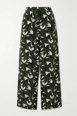 Unique Floral Print Satin Elastic Waist Straight Leg Pants