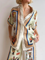 Unique Tropical Luxe Satin Fruit Print Loose Elastic Waist Wide-Leg Pants