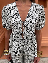 Casual Floral Print Lace-Up V-Neck Top