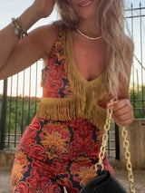 Retro Bohemian Print Tassel Jumpsuit