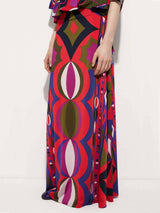 Unique Satin Rainbow Print Round-Neck Tie-Down Loose Blouse