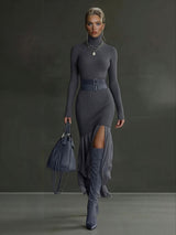 Elegant Gray Asymmetrical Ruffled Knit Midi Dress