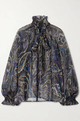 Retro Bow Print Chiffon Long-Sleeve Loose Blouse