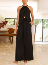 Unique Gette Linen Blend Slit Front Top and High Rise Knoted Pocket Wide Leg Pants Set