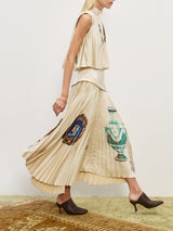 Retro Printed Ruched Patchwork Asymmetric Pleated Skirt