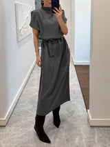 Minimalist Crew Neck Belted Midi Dress