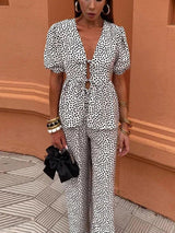 Casual Floral Print Lace-Up V-Neck Top