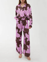 Casual Magnolia Print Elastic Waist Tie-Pocket Straight Pants