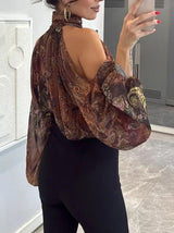 Retro Paisley-print Chiffon Off-the-shoulder Shirt