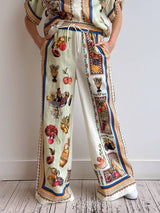 Unique Tropical Luxe Satin Fruit Print Loose Elastic Waist Wide-Leg Pants