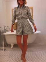 Retro Print Collared Long-Sleeve Shirt and High-Waisted Shorts Set