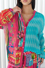 Unique Patchwork Print Button-Up Loose Fitting Shirt