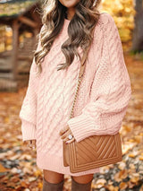Fashion Chunky Cable Knit Round Neck Oversized Sweater Mini Dress