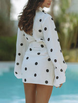 Casual Effortlessly Polka Dot Prints Balloon Sleeve Blouse and Wrap Tie-up Loose Mini Skirt Set