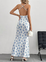 Sweet And Fresh Halter Back Floral Print Holiday Style Maxi Dress