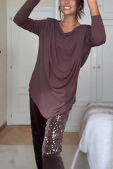 Unique Ruched Drop-Shoulder Long Sleeve Top