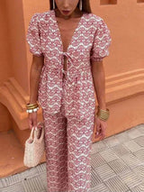 Casual Floral Print Lace-Up V-Neck Top