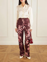 Exquisite Floral Print Satin Piped Straight-Leg Pants