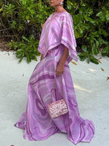 Casual Satin Placement Print Cape Top And Flared Skirt Set