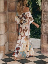 Fashionable Printed Off-Shoulder Lantern Sleeve Ruched Crop Top