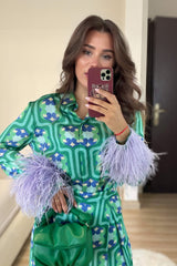 Fashionable Feather-Trimmed Printed Loose Shirt