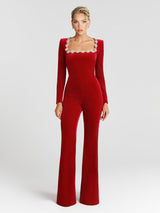 Elegant Crystal-Embellished Red Flared Jumpsuit