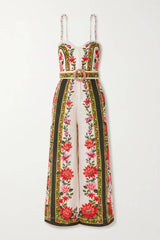 Retro Lace-up Print Linen Jumpsuit