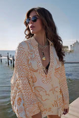 Unique Live By Water Satin Print Tassle Shirt and Elastic Waist Shorts Set