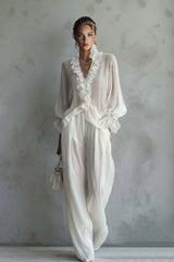 Lace Long Sleeve Shirt And Wide Leg Pants Set