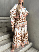 Unique Bohe Print Colorblock Drop Shoulder Sleeve Loose Fit Oversized Button Shirt