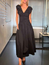 Elegant Pleated V-neck Midi Dress