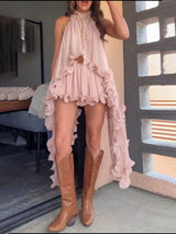 Delicate Romantic Drama Chiffon Wavy Ruffles Halter Irregular A-line Top