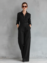 Women's Elegant Black Cotton-linen Blend Long-sleeved Shirt Collar Jumpsuit MDZ1016B0AN