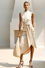 Stand-collar Lace-Up Irregular Hem Dress