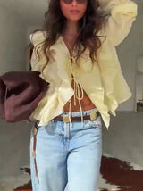 Bohemian Style Ruffled Lace-Up Shirt