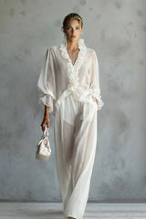 Lace Long Sleeve Shirt And Wide Leg Pants Set