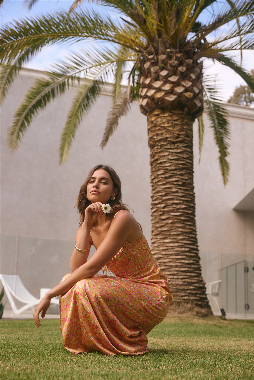 ARESS MILANO Florence Satin Maxi Dress Orange