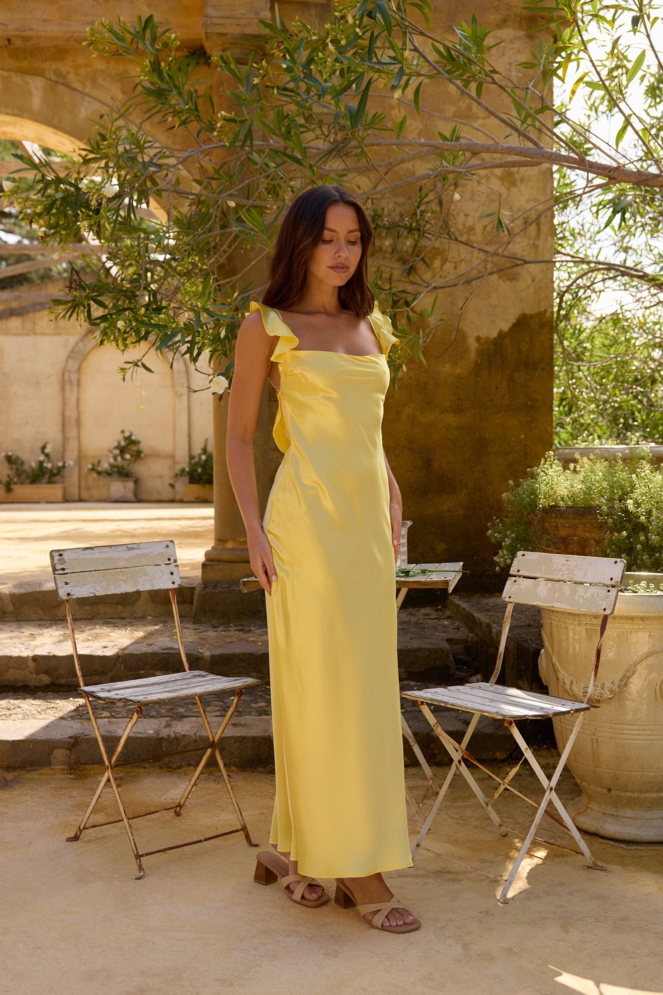 ARESS MILANO Belinda Satin Maxi Dress Yellow