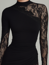 Black turtleneck lace asymmetrical tulle long-sleeved mini dress