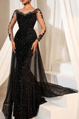 Evening Gown Dark Brown Sequined Lace Tulle Overskirt Mermaid Maxi Dress