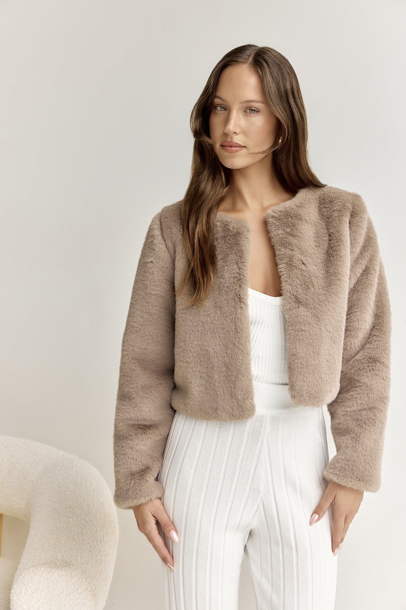 Day By Day Faux Fur Cropped Jacket Brown