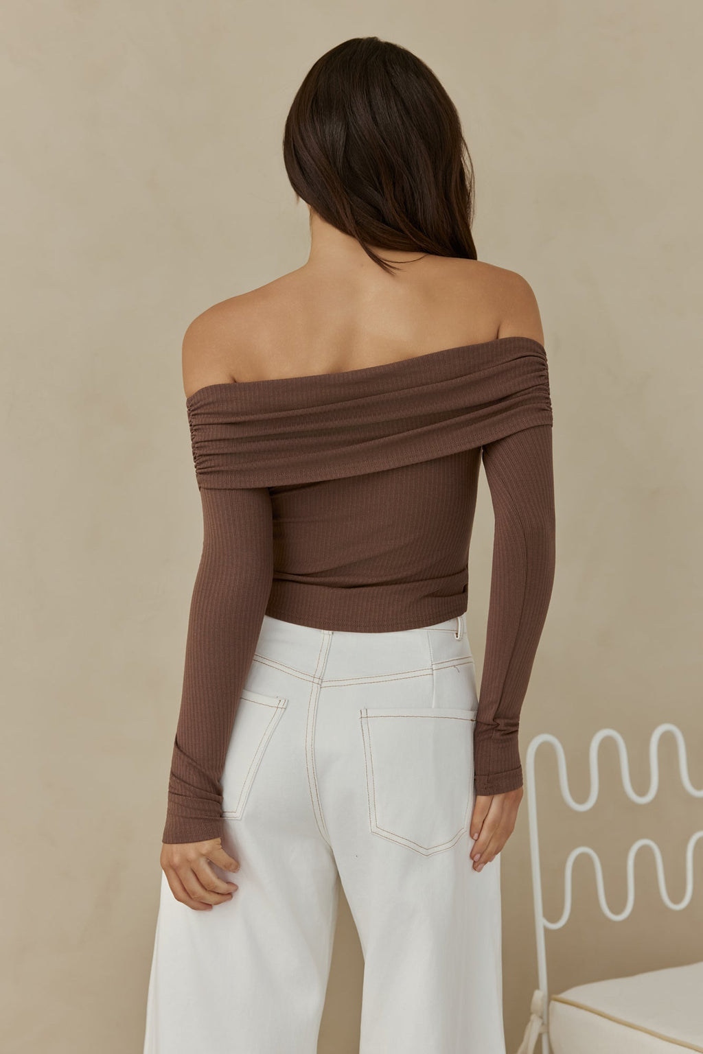 Autumn Dreamer Long Sleeve Off Shoulder Top Brown