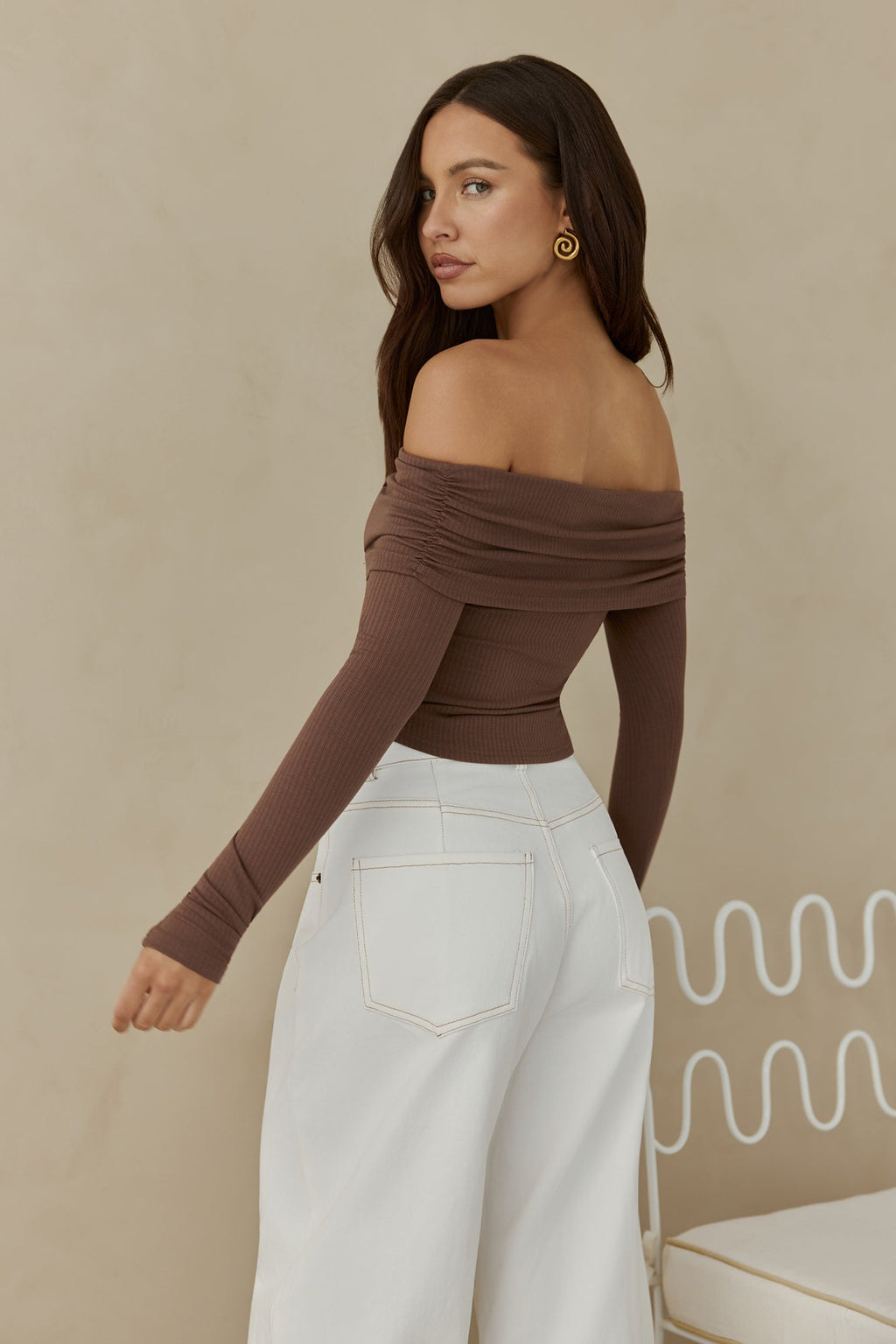 Autumn Dreamer Long Sleeve Off Shoulder Top Brown