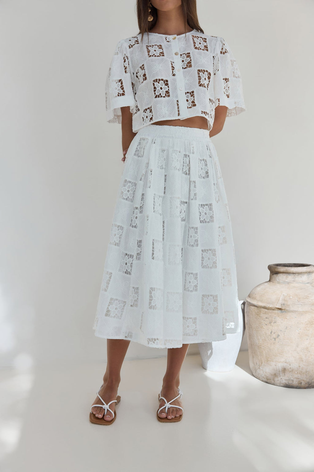 Andolina Crochet Lace Midi Skirt White