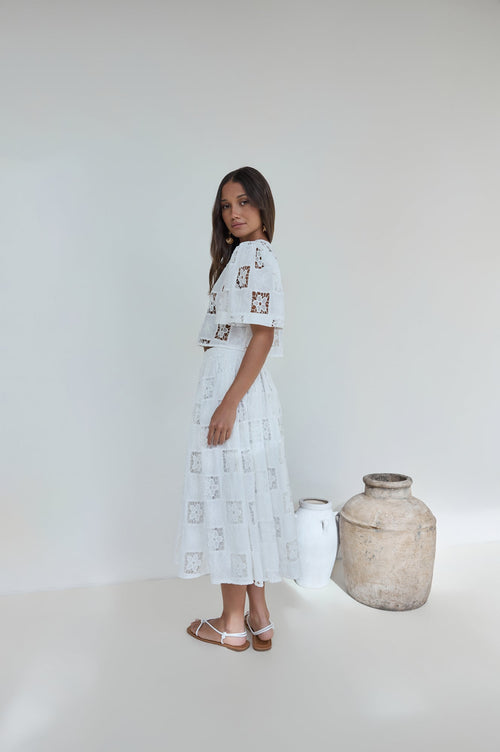 Andolina Crochet Lace Midi Skirt White